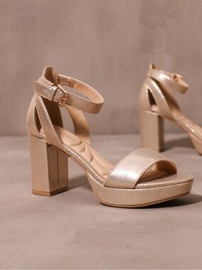 Chinese Laundry Metallic Gold Block Heel Ankle-Strap Sandals